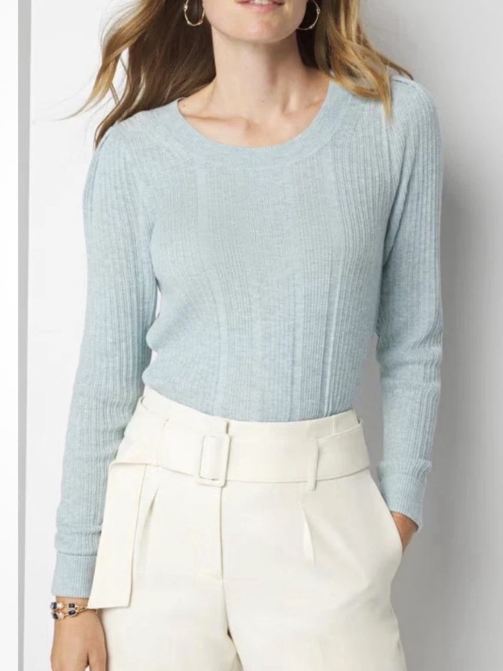 WHBM White House Black Market Light Blue Cashmere Blend Crewneck Sweater XL